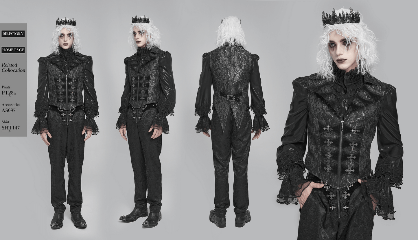 Gothic Brocade Waistcoat with Metal Clasps and High Collar