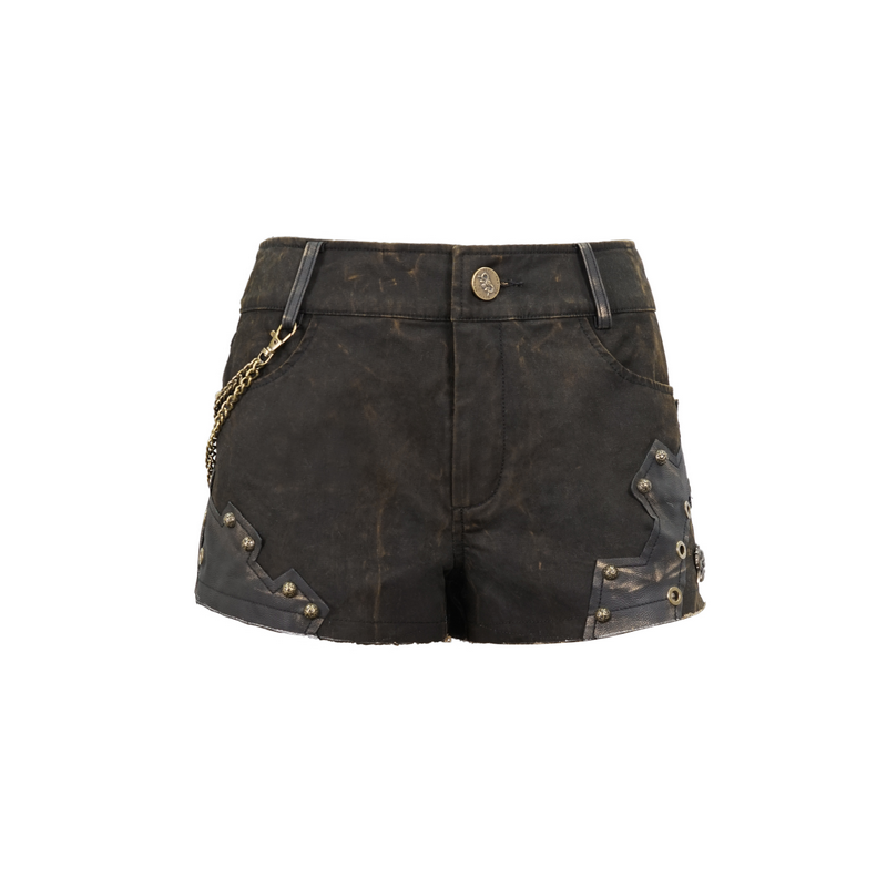 Gothic Brown Rivets Studded Shorts / Steampunk Female Slim Shorts with Chain