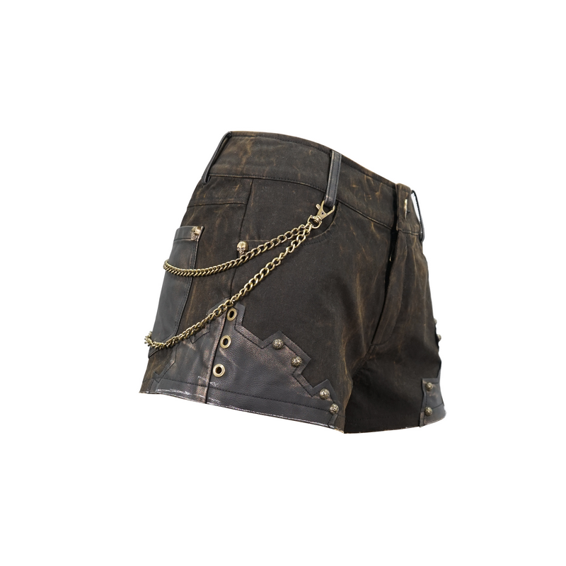 Gothic Brown Rivets Studded Shorts / Steampunk Female Slim Shorts with Chain