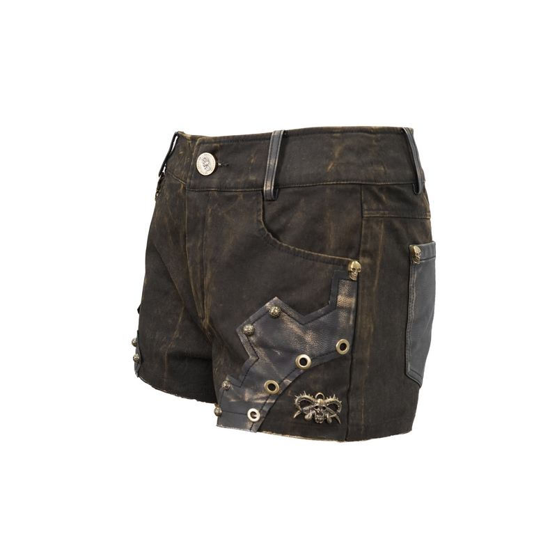 Gothic Brown Rivets Studded Shorts / Steampunk Female Slim Shorts with Chain