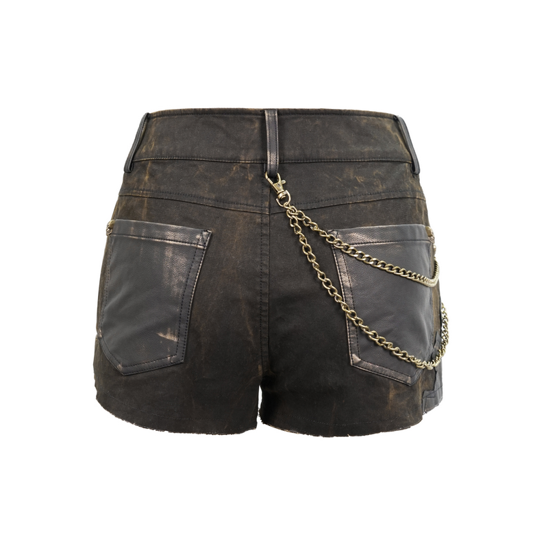 Gothic Brown Rivets Studded Shorts / Steampunk Female Slim Shorts with Chain