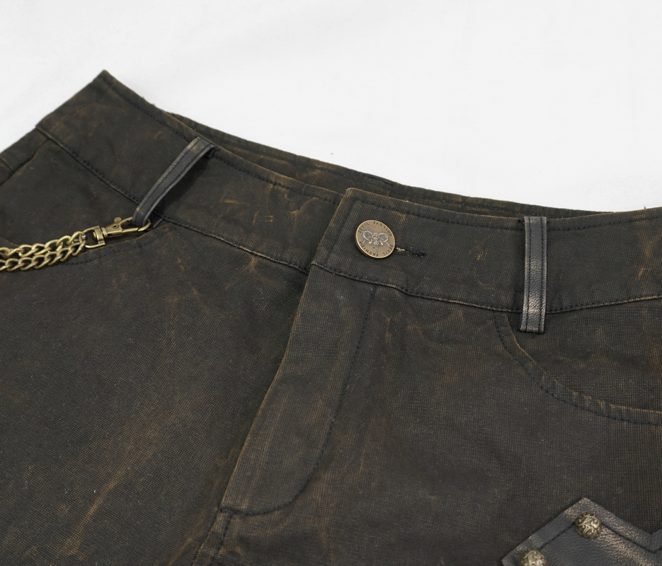 Gothic Brown Rivets Studded Shorts / Steampunk Female Slim Shorts with Chain