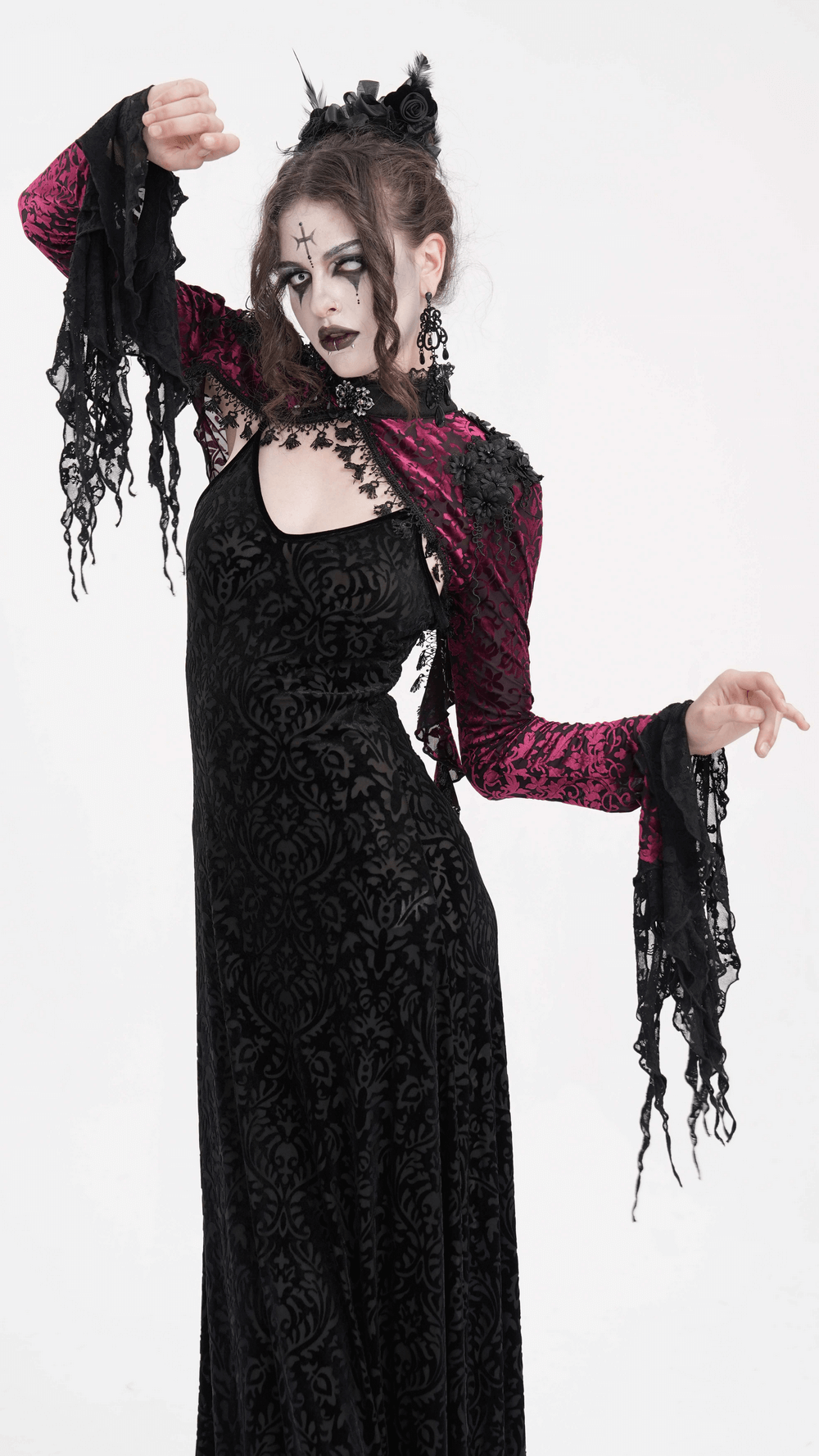 Gothic Burgundy Lace Bolero with Victorian Bell Sleeves