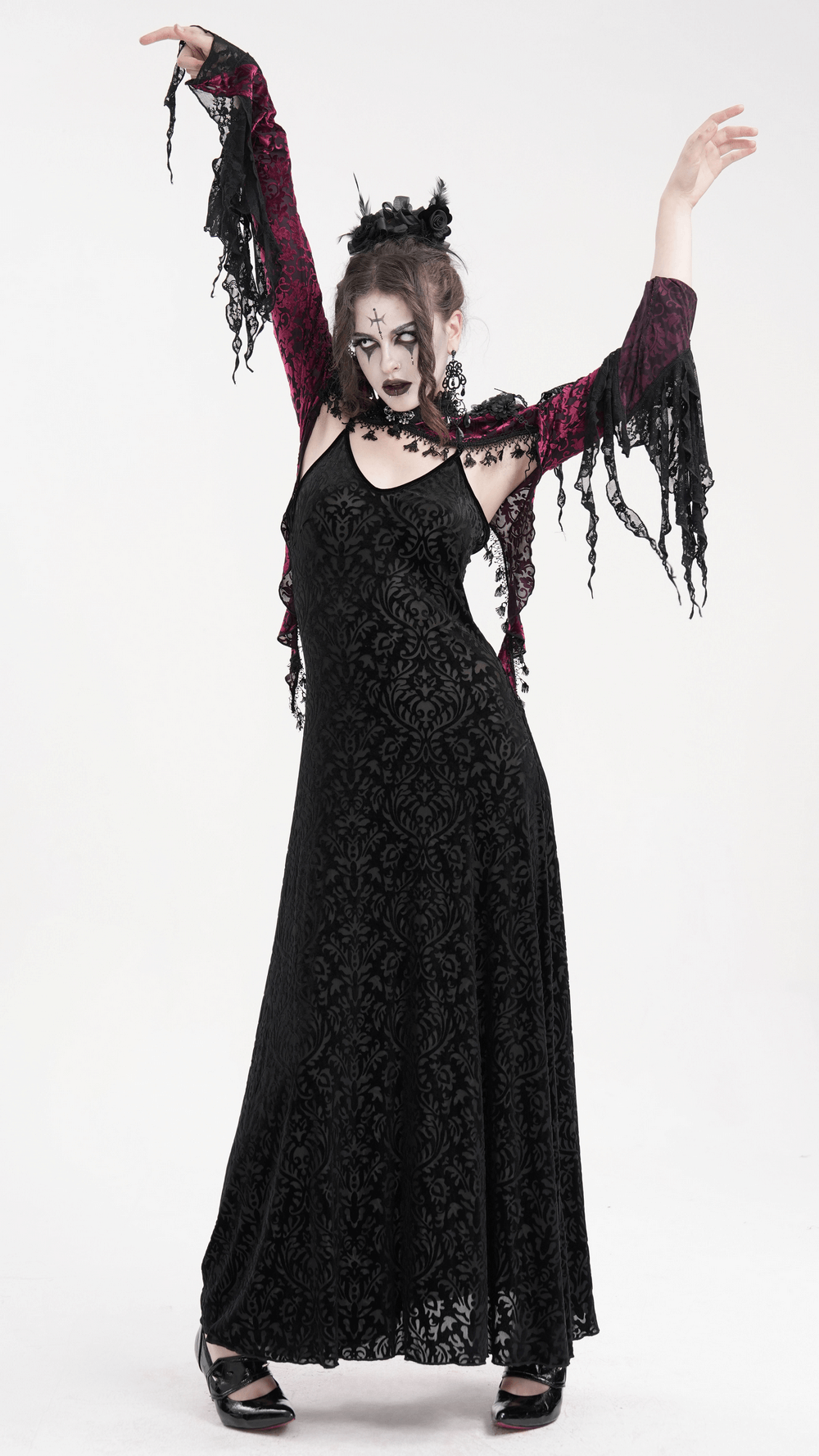Gothic Burgundy Lace Bolero with Victorian Bell Sleeves