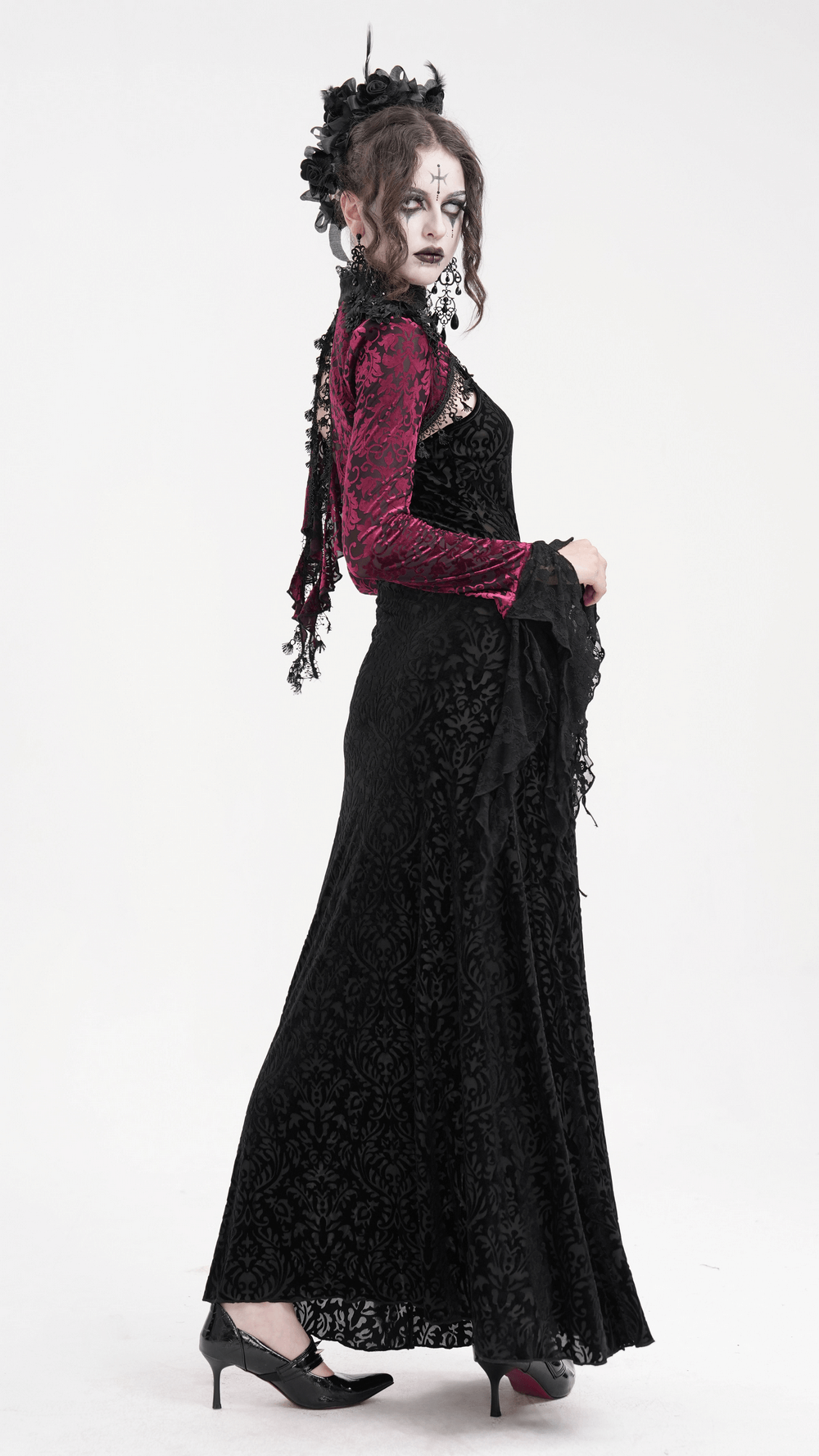 Gothic Burgundy Lace Bolero with Victorian Bell Sleeves