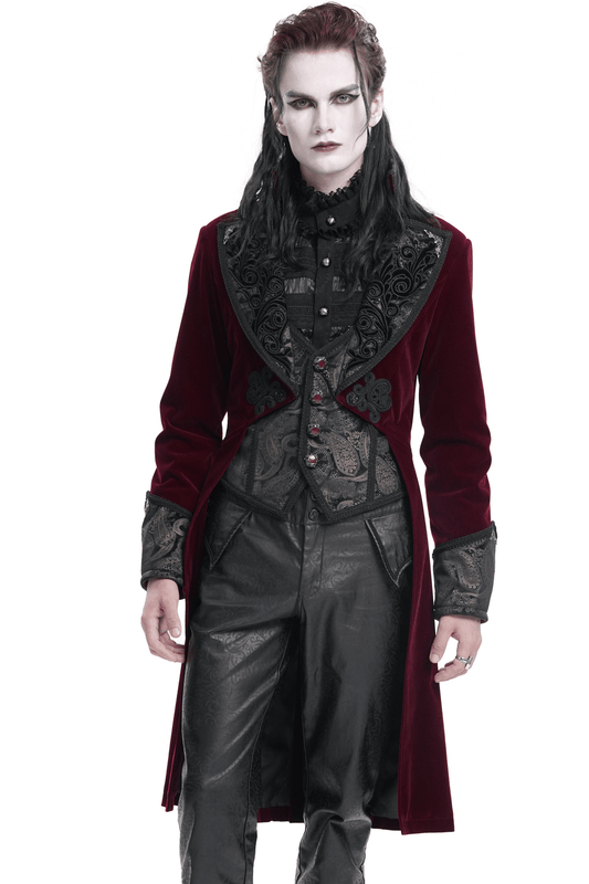 Gothic Burgundy Tailcoat with Embossed Accents and Gems