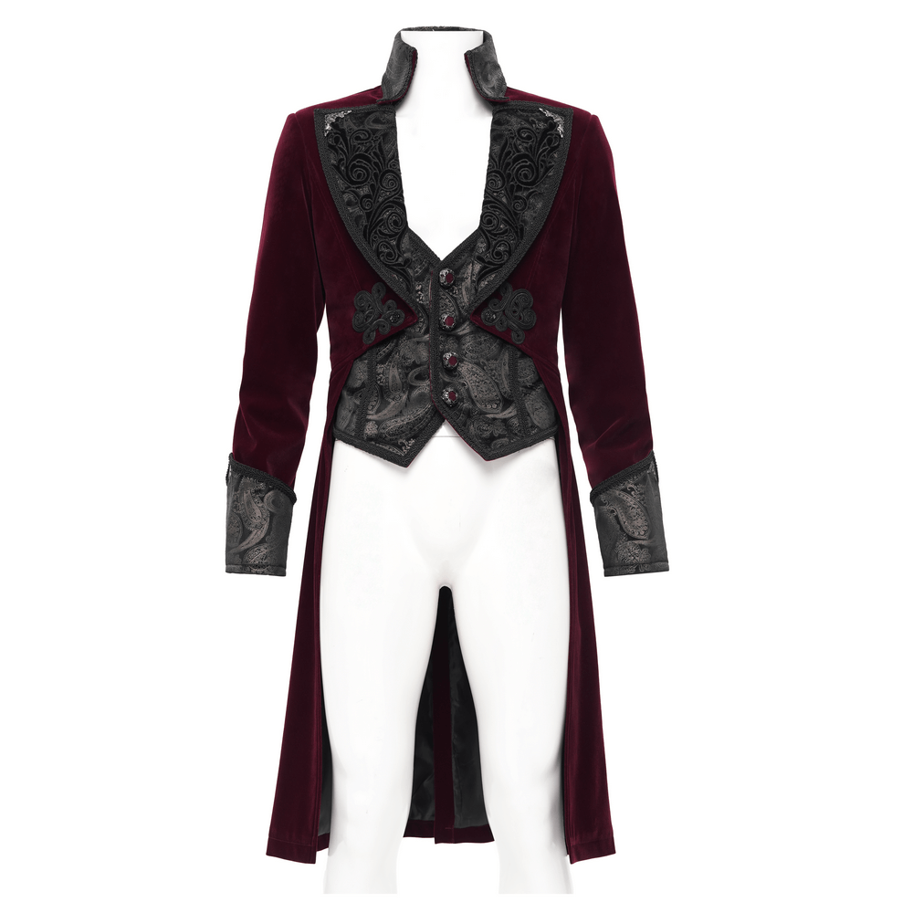 Gothic Burgundy Tailcoat with Embossed Accents and Gems