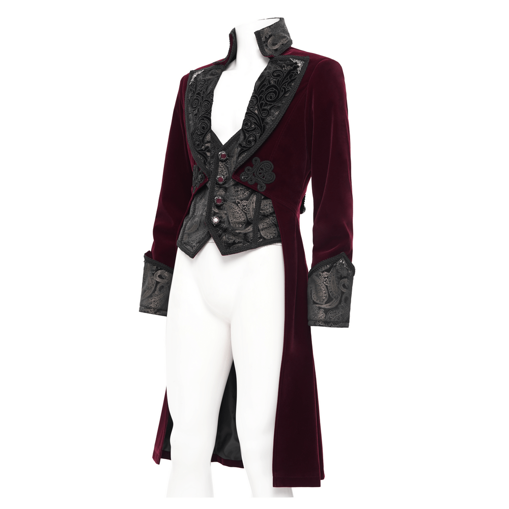 Gothic Burgundy Tailcoat with Embossed Accents and Gems