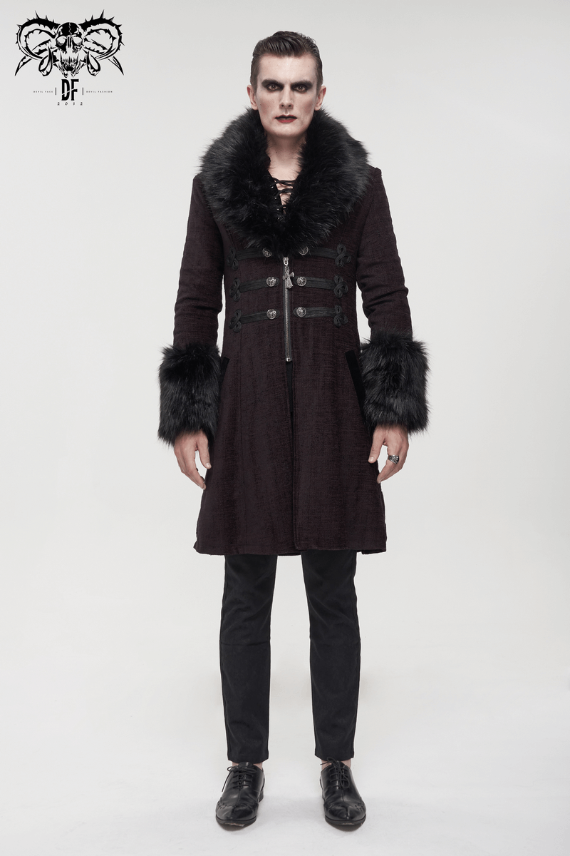 Gothic Burgundy Zipper Coat with Detachable Faux Fur / Men's Mid-Length Coat with Buttons