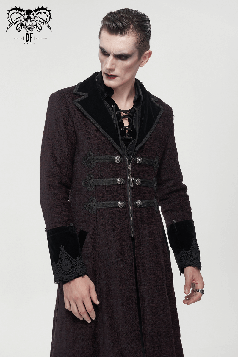 Gothic Burgundy Zipper Coat with Detachable Faux Fur / Men's Mid-Length Coat with Buttons