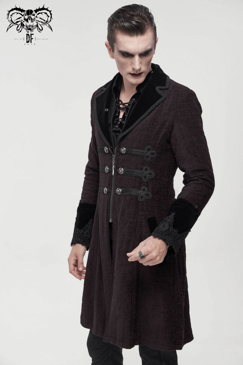 Gothic Burgundy Zipper Coat with Detachable Faux Fur / Men's Mid-Length Coat with Buttons