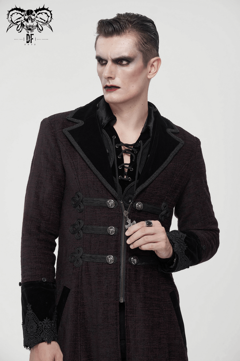 Gothic Burgundy Zipper Coat with Detachable Faux Fur / Men's Mid-Length Coat with Buttons