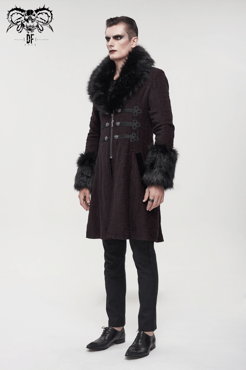 Gothic Burgundy Zipper Coat with Detachable Faux Fur / Men's Mid-Length Coat with Buttons
