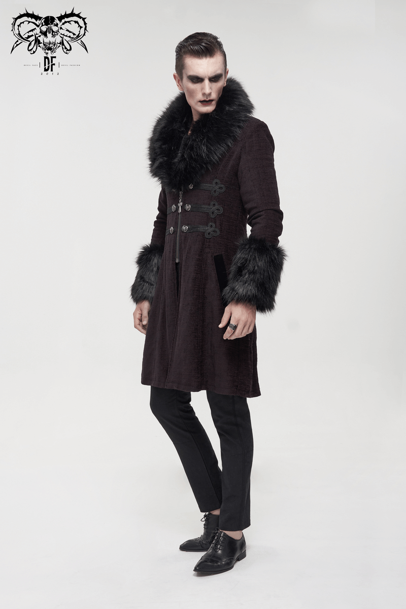 Gothic Burgundy Zipper Coat with Detachable Faux Fur / Men's Mid-Length Coat with Buttons