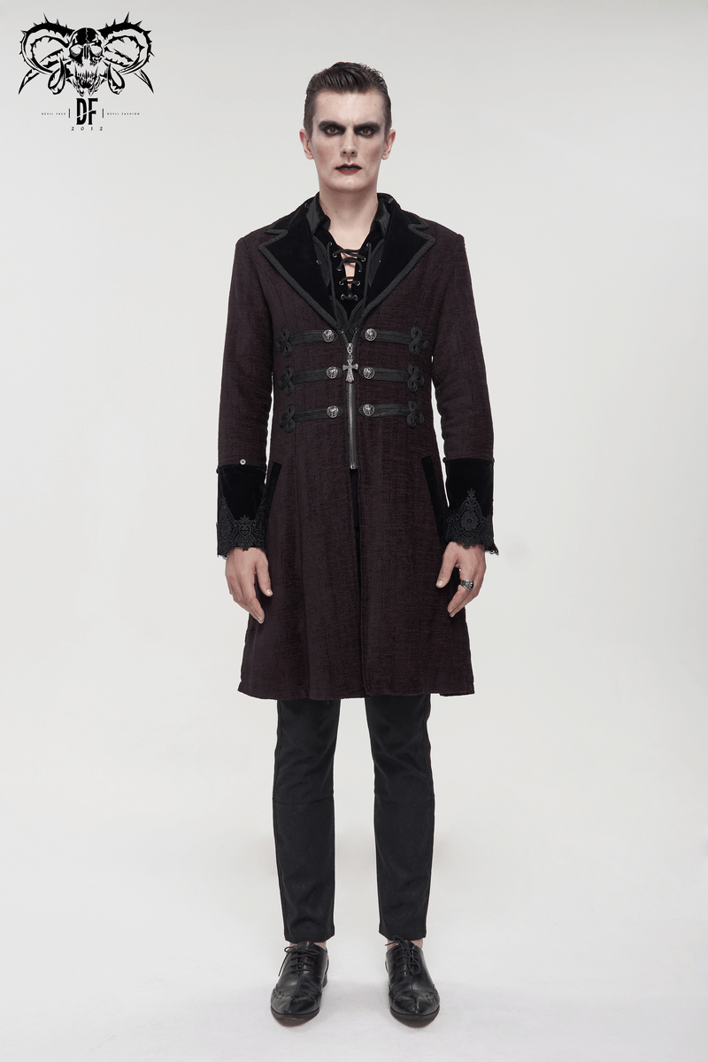 Gothic Burgundy Zipper Coat with Detachable Faux Fur / Men's Mid-Length Coat with Buttons
