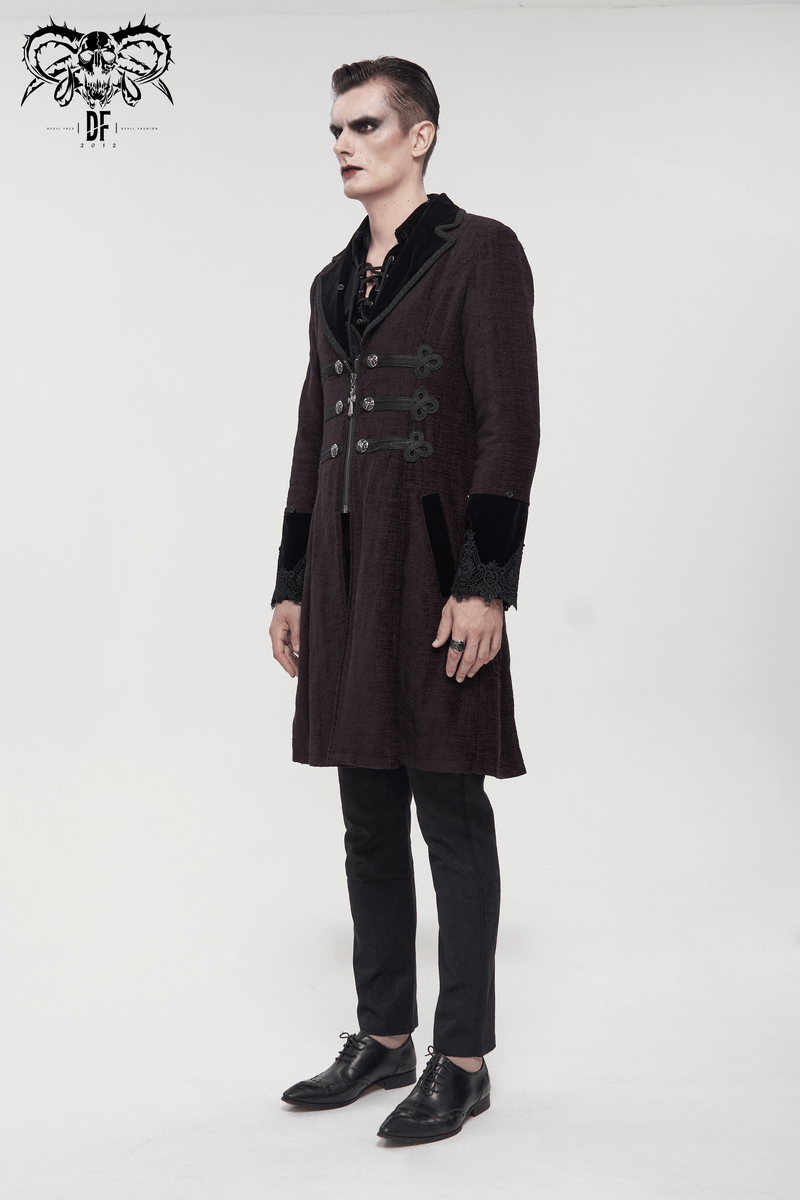 Gothic Burgundy Zipper Coat with Detachable Faux Fur / Men's Mid-Length Coat with Buttons