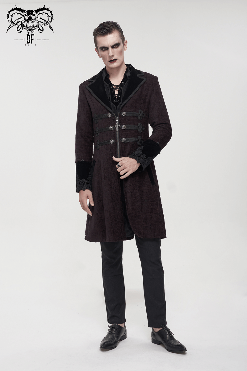 Gothic Burgundy Zipper Coat with Detachable Faux Fur / Men's Mid-Length Coat with Buttons
