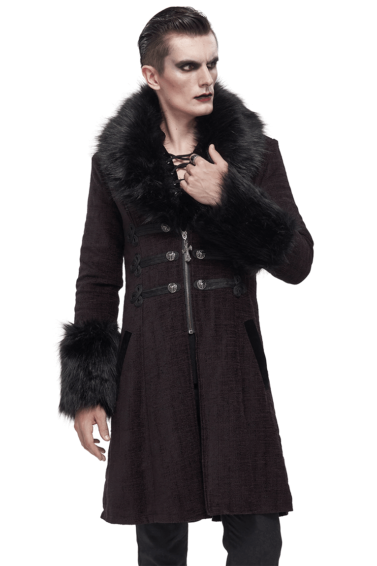 Gothic Burgundy Zipper Coat with Detachable Faux Fur / Men's Mid-Length Coat with Buttons