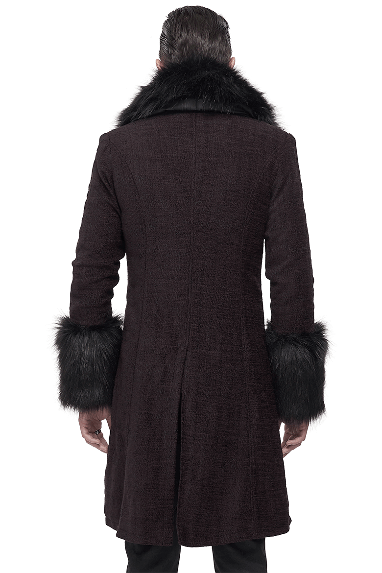 Gothic Burgundy Zipper Coat with Detachable Faux Fur / Men's Mid-Length Coat with Buttons