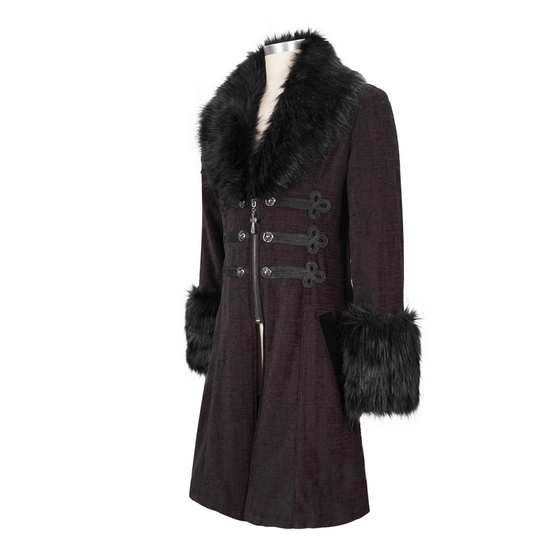 Gothic Burgundy Zipper Coat with Detachable Faux Fur / Men's Mid-Length Coat with Buttons