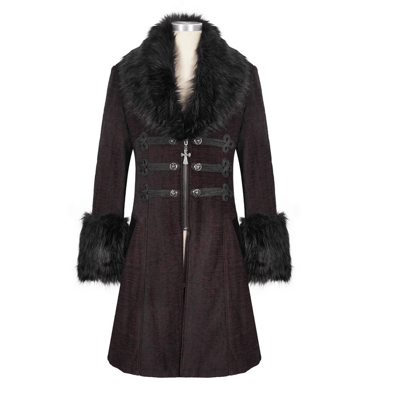 Gothic Burgundy Zipper Coat with Detachable Faux Fur / Men's Mid-Length Coat with Buttons