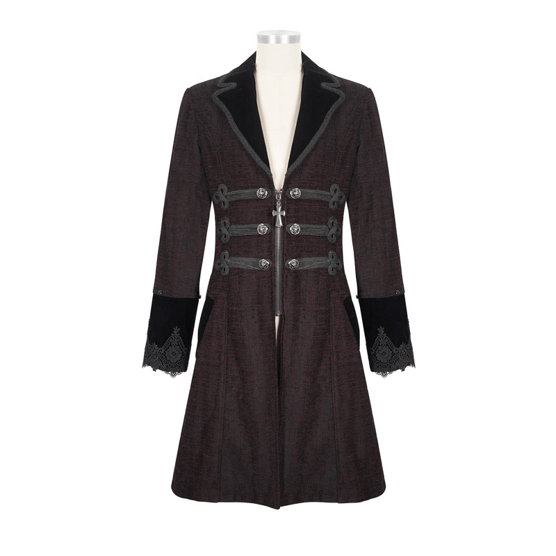 Gothic Burgundy Zipper Coat with Detachable Faux Fur / Men's Mid-Length Coat with Buttons