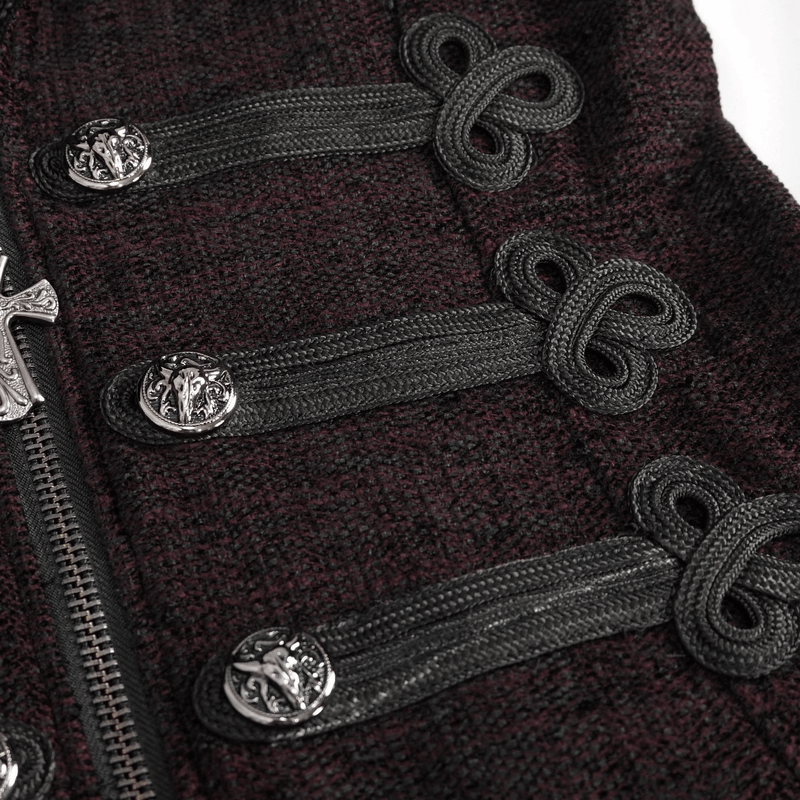 Gothic Burgundy Zipper Coat with Detachable Faux Fur / Men's Mid-Length Coat with Buttons