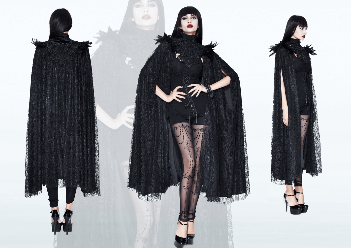 Gothic Cape with Feather Shoulder / Female Long Black Cloak with Lace Decoration