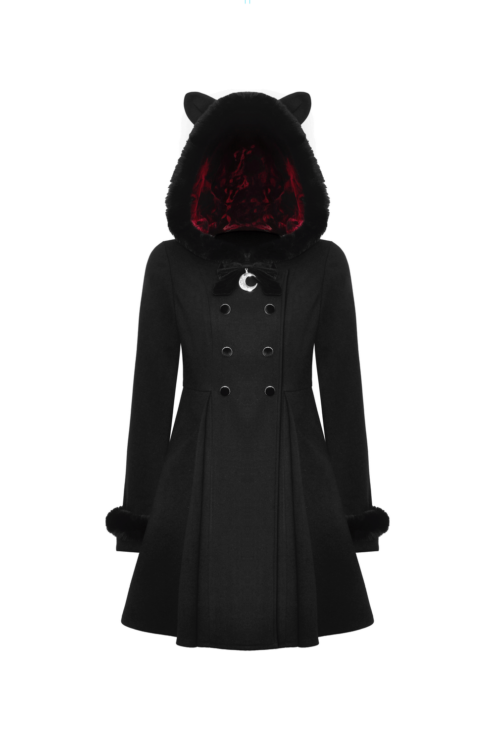 Gothic Cat Ear Hooded Coat with Velvet Red Lining