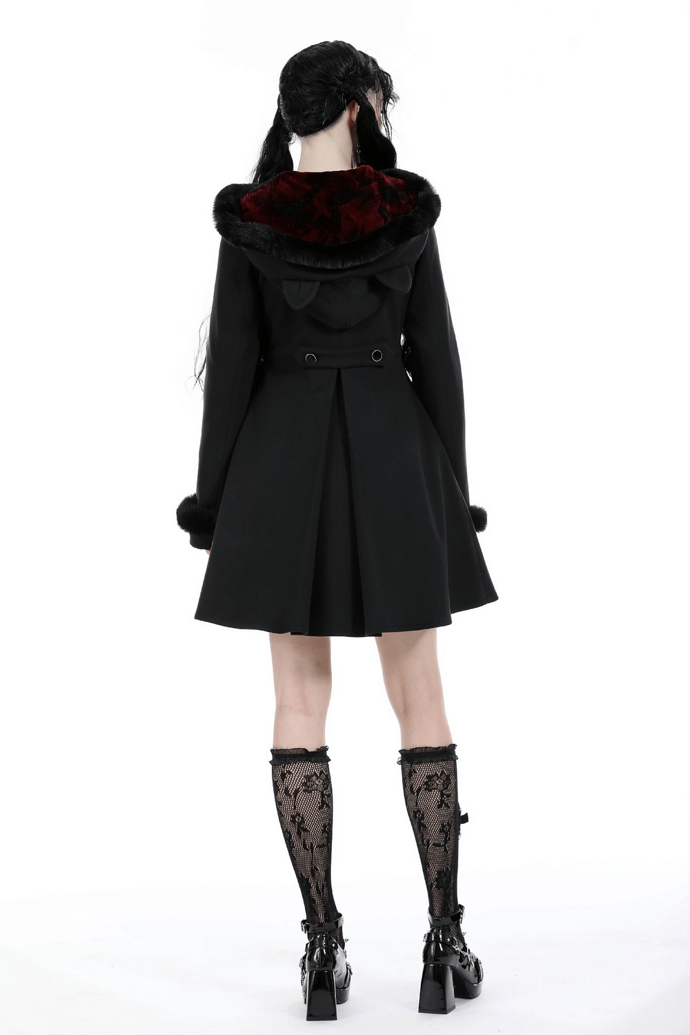 Gothic Cat Ear Hooded Coat with Velvet Red Lining