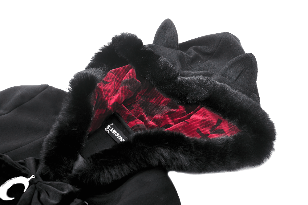 Gothic Cat Ear Hooded Coat with Velvet Red Lining
