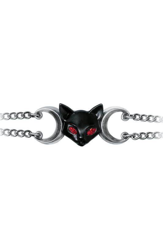 Gothic Cat Moon Bracelet with Red Crystal Eyes
