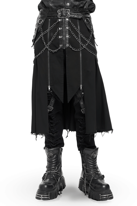 Gothic Chain and Zipper Black Skirt with Layered Panels