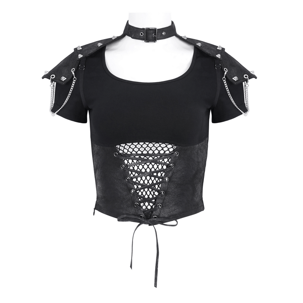 Gothic Chain Detail Crop Top with Shoulders Accessory