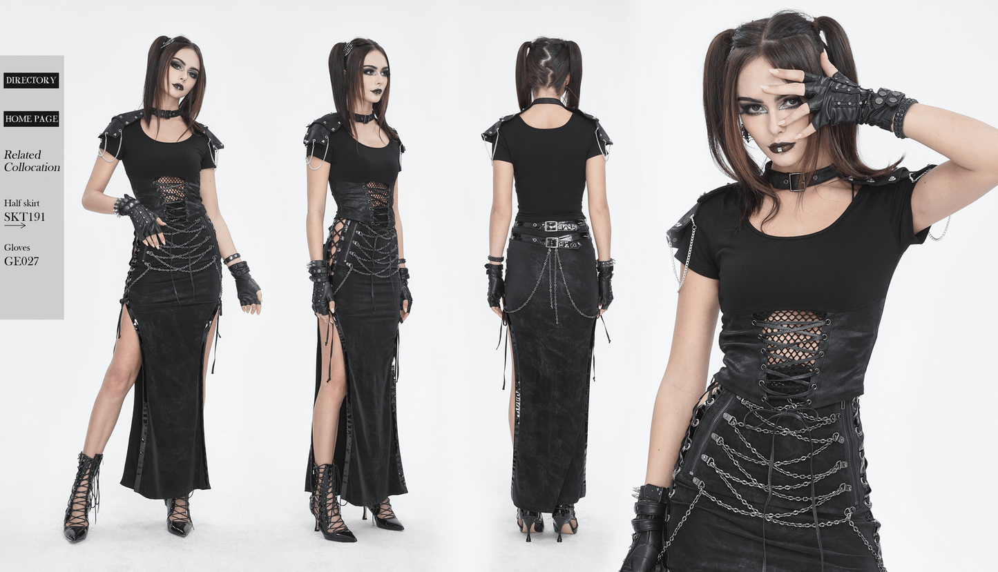 Gothic Chain Detail Crop Top with Shoulders Accessory