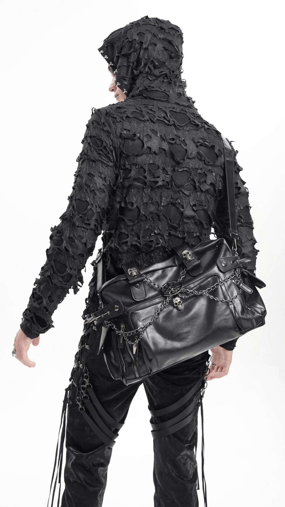 Gothic Chain Embellished Black Tote Bag with Spikes
