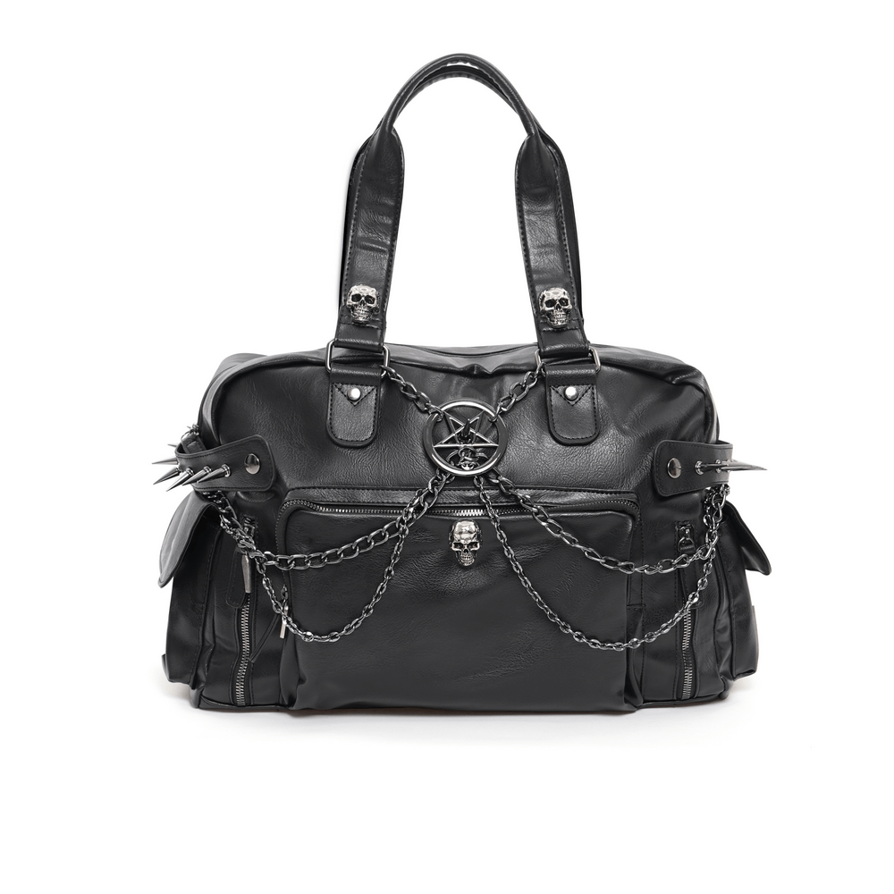Gothic Chain Embellished Black Tote Bag with Spikes