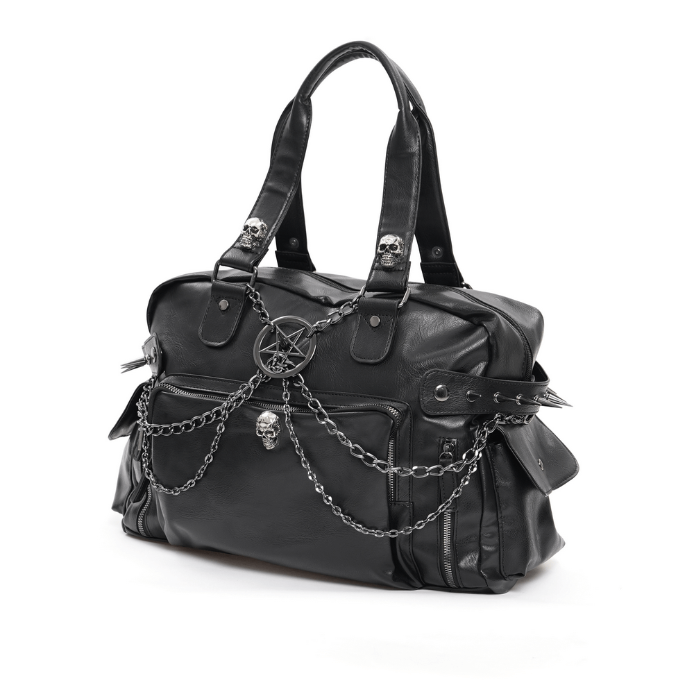 Gothic Chain Embellished Black Tote Bag with Spikes