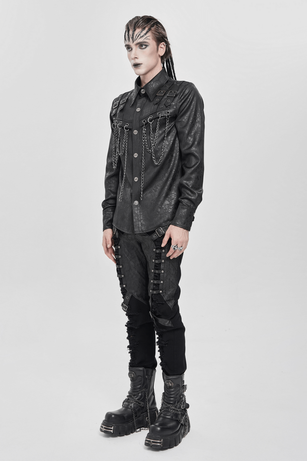 Gothic Chain Shirt with Metal Buckles and Textured Design