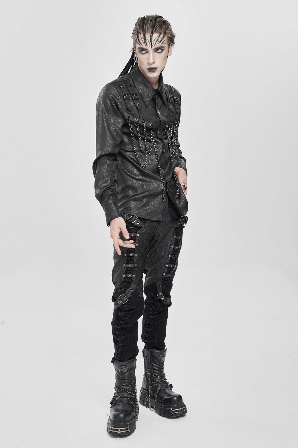 Gothic Chain Shirt with Metal Buckles and Textured Design