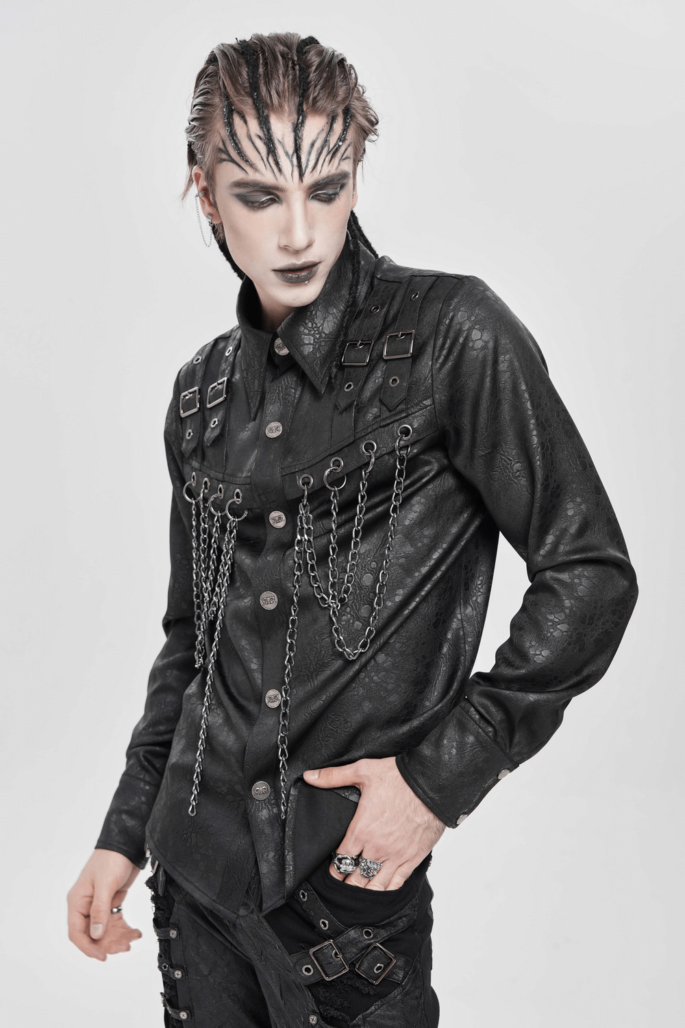 Gothic Chain Shirt with Metal Buckles and Textured Design