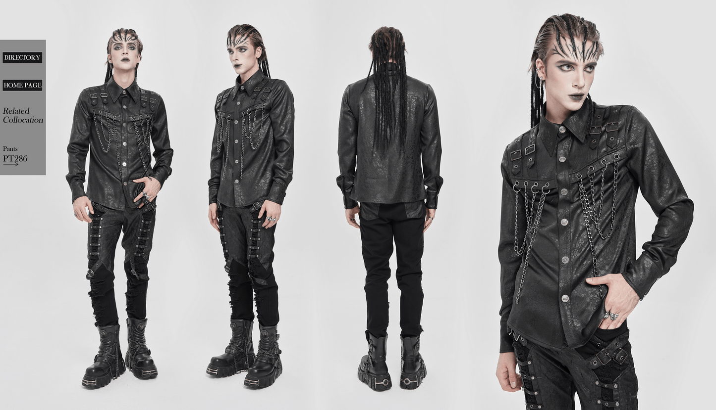 Gothic Chain Shirt with Metal Buckles and Textured Design