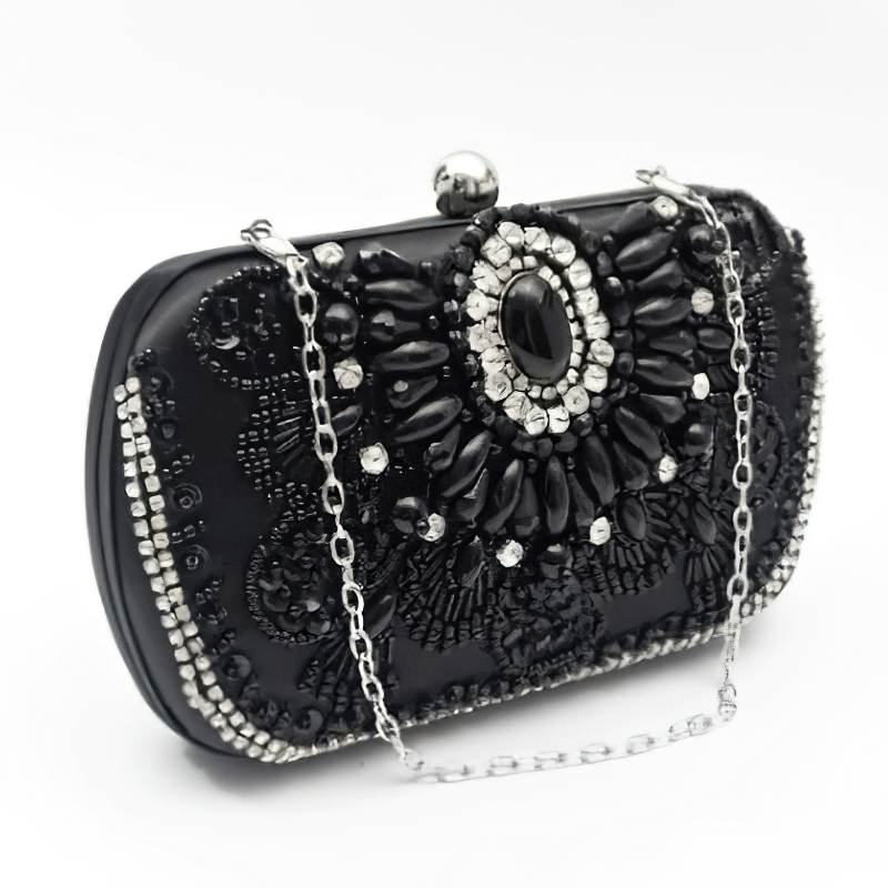 Gothic Cluch Bag With Rhinestones / Elegant Female Black Bag With Chain