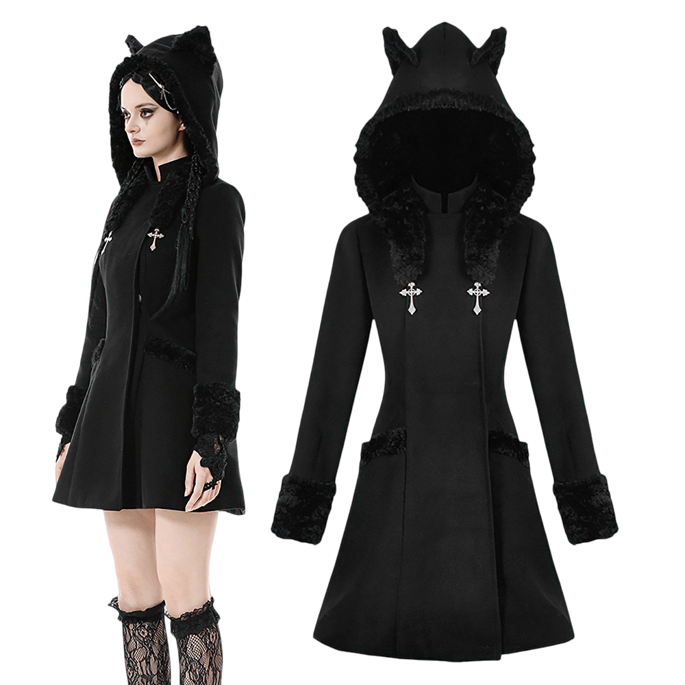 Gothic Coat with Plush Faux Fur Cuffs and Cat Ear Hood