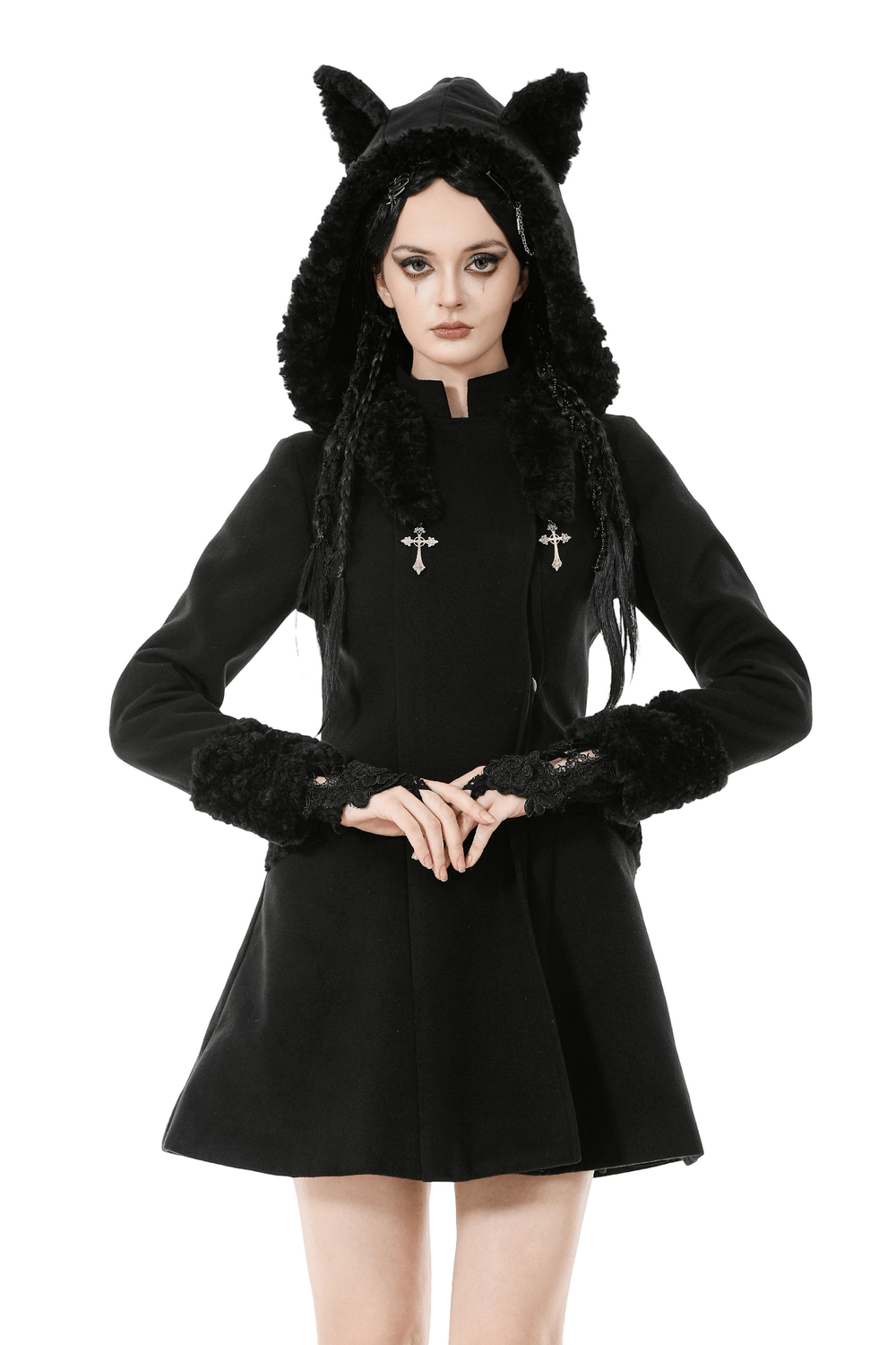 Gothic Coat with Plush Faux Fur Cuffs and Cat Ear Hood