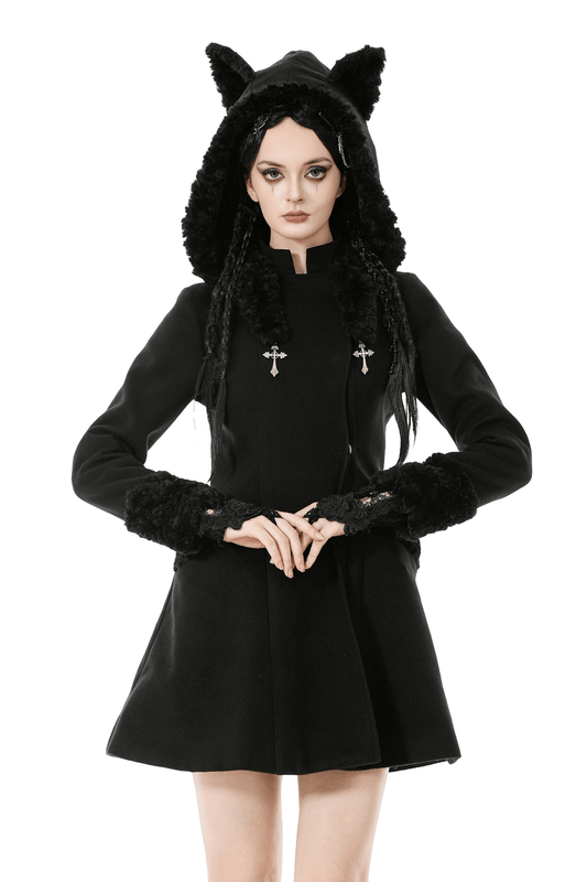 Gothic Coat with Plush Faux Fur Cuffs and Cat Ear Hood