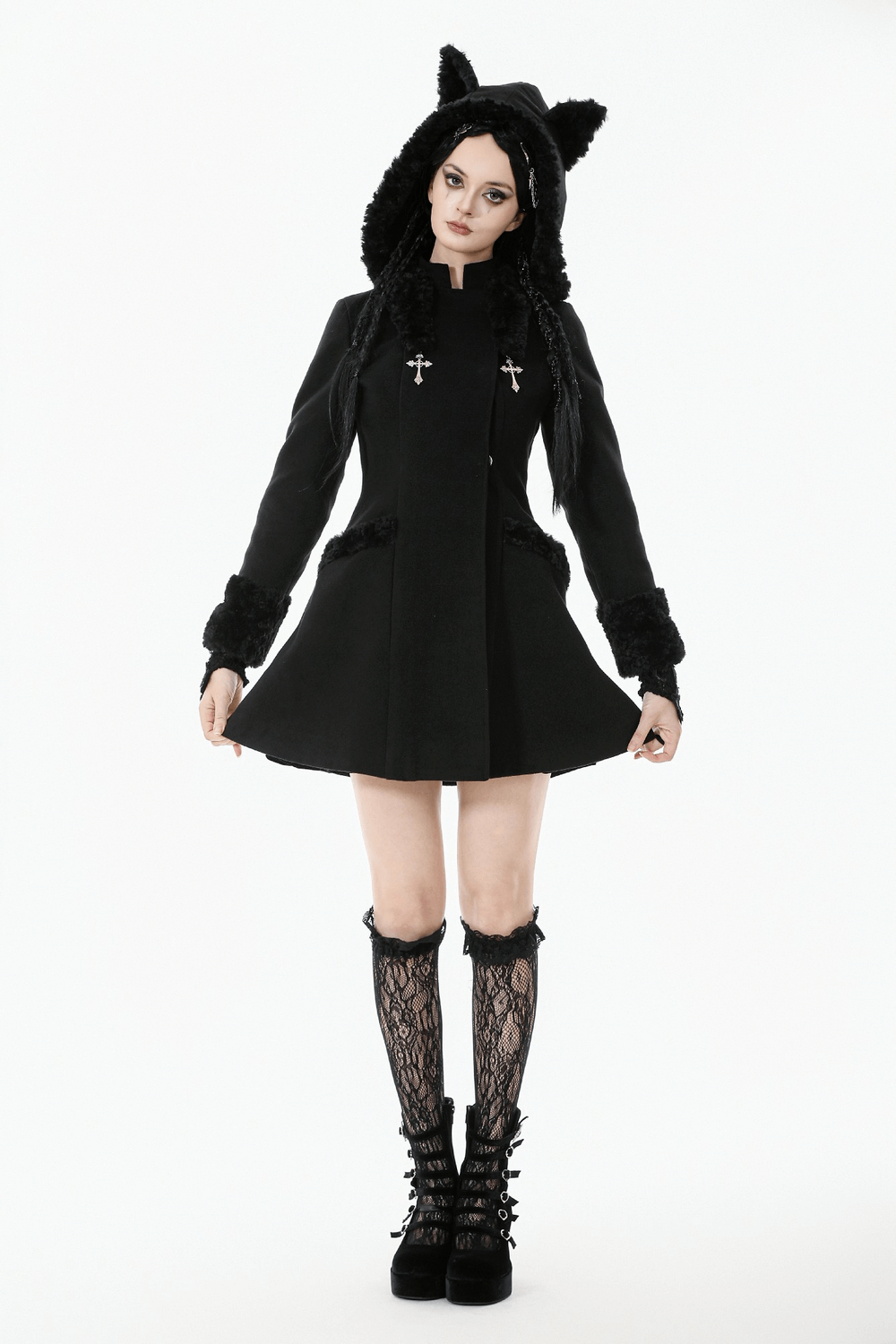Gothic Coat with Plush Faux Fur Cuffs and Cat Ear Hood