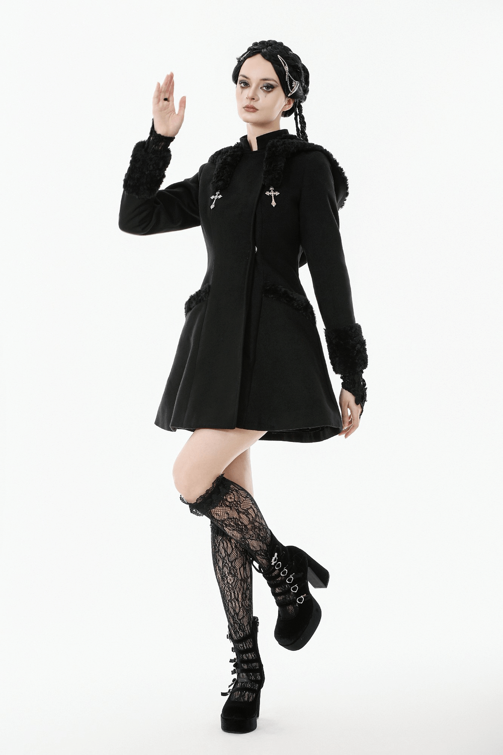 Gothic Coat with Plush Faux Fur Cuffs and Cat Ear Hood