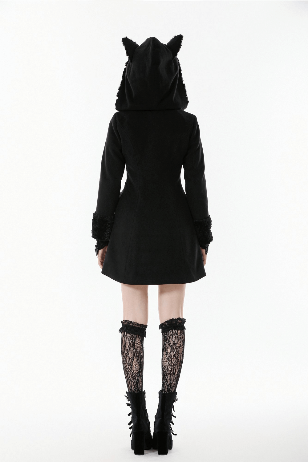 Gothic Coat with Plush Faux Fur Cuffs and Cat Ear Hood