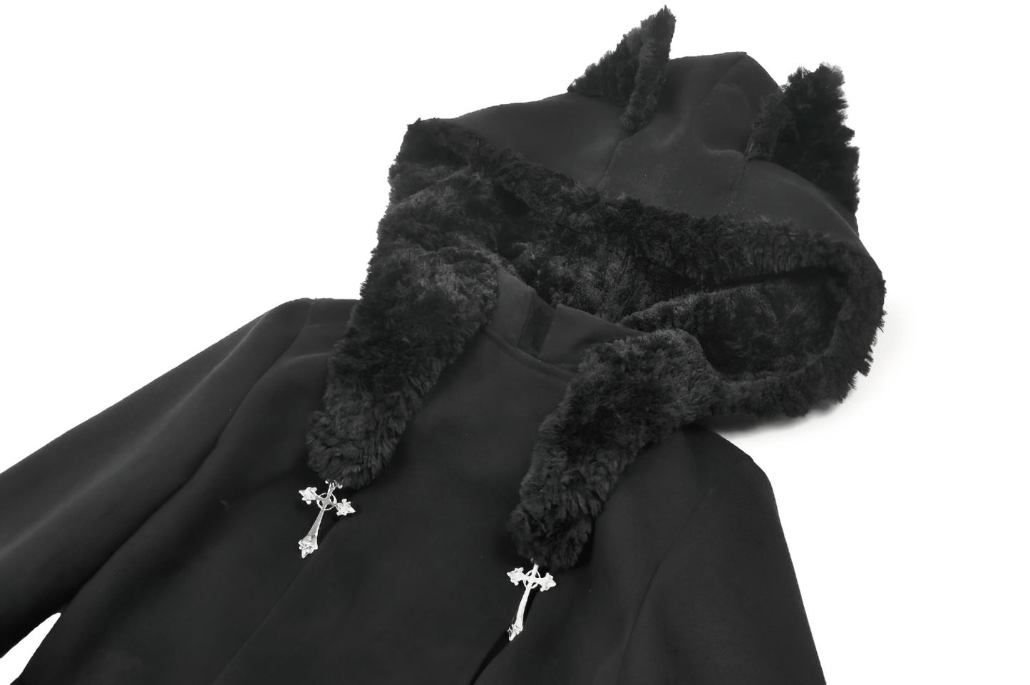 Gothic Coat with Plush Faux Fur Cuffs and Cat Ear Hood